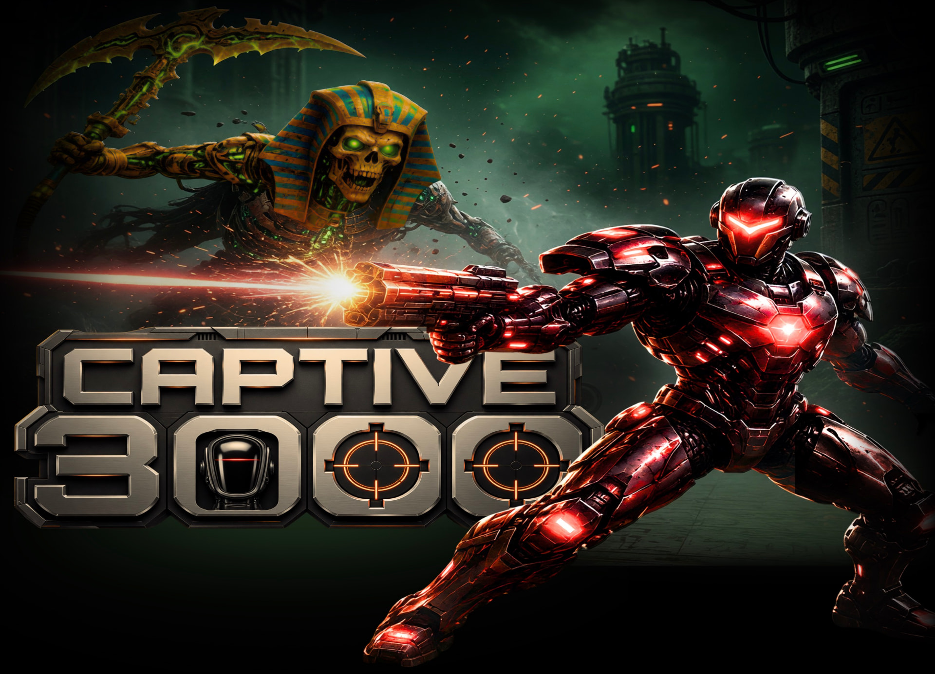 Captive 3000 key art featuring the game's logo, armored hero, and skeletal pharaoh